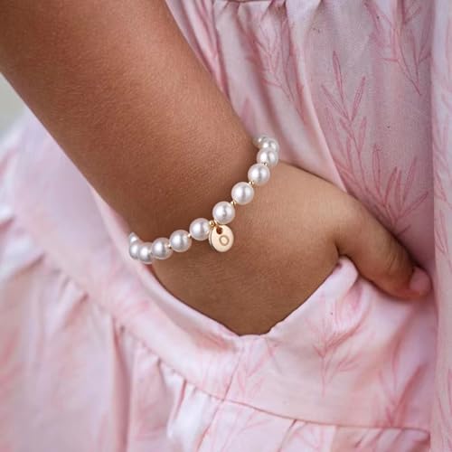Miss Pink Initial Pearl Bracelet Flower Girl Bracelet Proposal Gifts for Girls, Dainty Gold Pearl Bracelets with Letter A-...