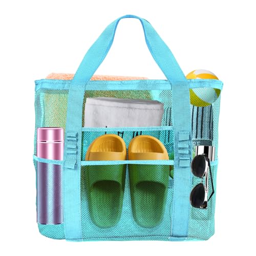 Yunaeduo Large Mesh Beach Bag - Lightweight & Foldable Family Beach Bag with 9 Pockets for Toys, Towels & Vacation Essentials
