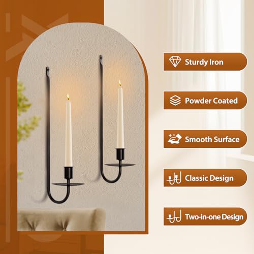 Candle Sconces Set of 2, Taper & Pillar Wall Candle Holder, 13.2 Inch Black Wall Sconces Set of Two, Decor for Entryway, S...