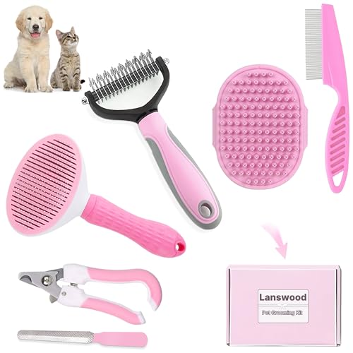 Lanswood Dog Brush Grooming Kit 6PCS Dog Brush for Shedding-Dogs Brushes for Grooming, Dematting Comb for Dogs, Nail Clipp...