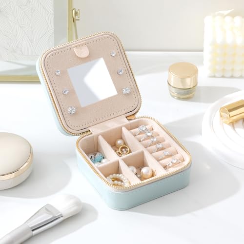 NGVRC Genuine Leather Travel Jewelry Case Organizer with Mirror for Women, Small Jewelry Box Portable Mini Jewelry Case fo...