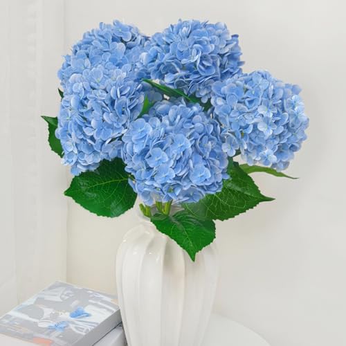 Cherica 6 Pcs Real Touch Blue Hydrangea Artificial Flowers with Stems, Fake Silk Flowers for Outdoors, Artificial Flowers ...