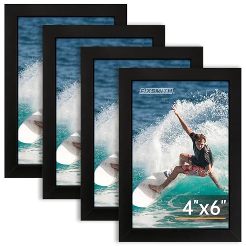 FIXSMITH 4x6 Picture Frame Set of 4, 4x6 Photo Frames with HD Plexiglass for Wall Hanging or Tabletop Display, Black