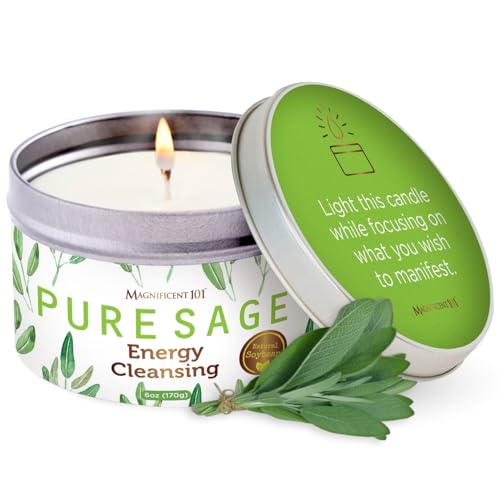 Magnificent 101 Long Lasting Pure White Sage Candle - 6 Oz - 35 Hour Burn Time - Organic, All Natural, Soy Candle to Clean...