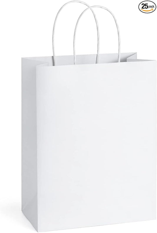 BagDream 25Pcs White Gift Bags 8x4.25x10.5 Kraft Paper for Gifts, Shopping Retail Merchandise Grocery Sacks, White Paper B...