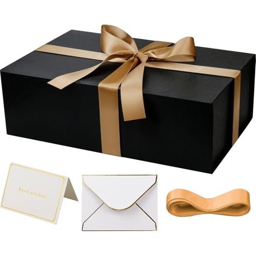 YINUOYOUJIA Large Black Gift Boxes with Lid,14"x9"x4.5" Magnetic Gift Box with Ribbon,Cards and Envelopes for Presents,Gre...