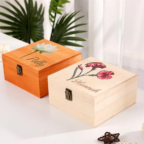 Cooayyaooc Personalized Wooden Keepsake Memory Box with Birth Flower & Name, Custom Wood Decorative Storage Box with Lids ...