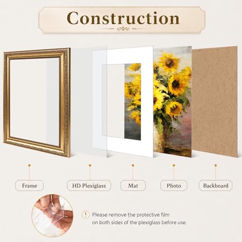 JCJMY 8.5x11 Vintage Picture Frame with 6x8 Mat, Elegant Retro 8.5 by 11 Photo Frame with Shatter-Resistant Plexiglass for...