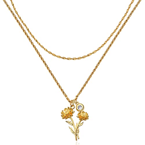 MTMY Birth Flower Necklaces for Women 18K Gold Plated Dainty Layered Birth Month Flower with Birthstone Pendant Necklaces ...