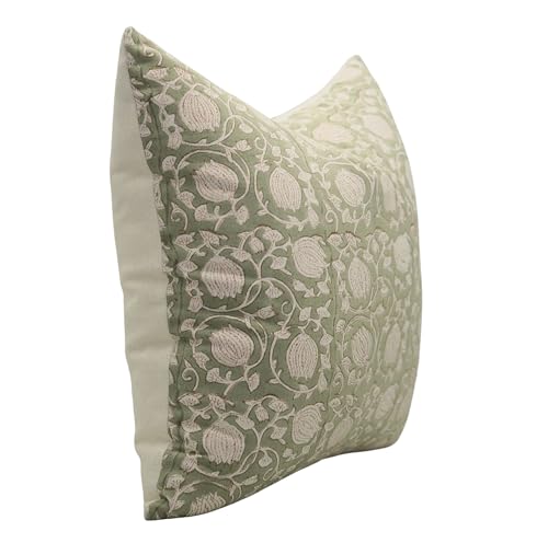 Fabritual Block Print Pillow Covers 14x14 Inch – Solid Handmade Cotton Linen Cushion Cover with Floral Print, Invisible Zi...