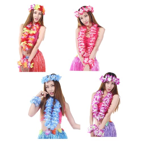 Aacehlh Hawaiian Leis Set,Hawaiian Luau Flower Leis Necklace Headband Bracelets Set,Essential Party Decorations for Birthd...