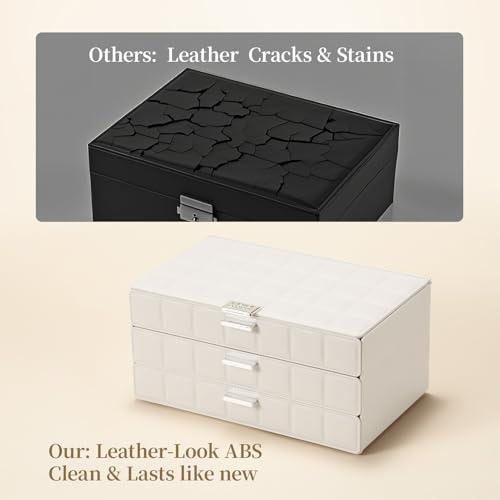 LAMU Jewelry Box Organizer with Mirror, 3-Layer Jewelry organizer with 2 Drawers, Large PU Leather Organizer for Earrings ...
