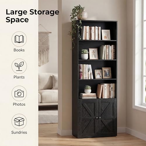 YESHOMY Farmhouse Bookshelf and Bookcase with Doors, Industrial Bookshelves and Bookcases Floor Standing Display 6-Tier Sh...