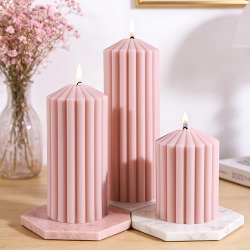 Pink Ribbed Pillar Candle Set of 3 - Wild Bluebell Scented Soy Wax Candle,Aesthetic Decorative Textured Pillar for Home De...