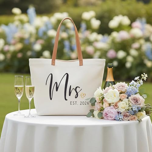 ELEGANTPARK Mrs Gifts for Bride 2026 - Large Canvas Wedding Tote Bag with Zipper, Bridal Shower Gift for Bride to Be, Bach...
