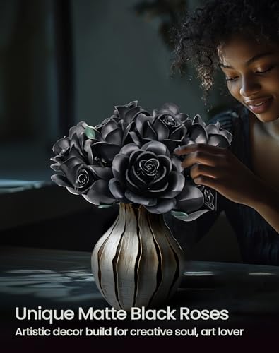 iATOM Black Rose Bouquet Building Set, 12Pcs Flower Botanical Collection Kit for Adult, Valentine's Day Gift for Her/Girlf...