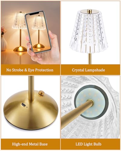 Nusogon Rechargeable Cordless Table Lamp, Touch Control Crystal Desk Lamp with 3500mAh Battery, 3 Color Dimmable LED Small...