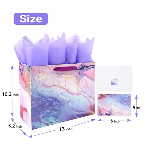 13" Large Purple and Red Gift Bag Set with Greeting Card and Tissue Paper(Marble Design) for Celebrating Birthdays, Mothe...