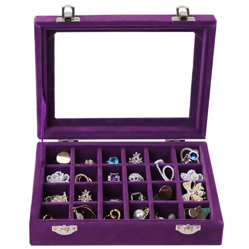 EONGOA Velvet Jewelry Box 24 Grid Jewelry Earrings Display Organiser Box Ring Tray Holder Earrings Storage Case for Girls ...