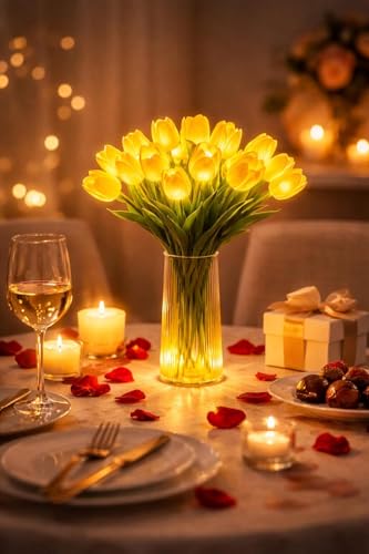 NexHike Radiant Romantic Tulip Light with a Vase, 15 PCS Twinkling Tree Tulips Led Night Light that Never Fade, Flower Sha...