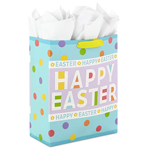 Hallmark 15" Extra Large Easter Gift Bag with Tissue Paper (Happy Easter, Polka Dots) for Easter Baskets, Easter Egg Hunts...