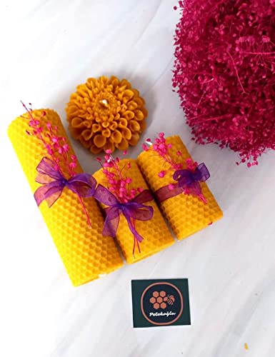 Petekoğlu Candle Beeswax Set of 4 Beeswax Candle Natural Set. Bees Wax Candle Gift Set (Purple Ribbon Decorated Floral)