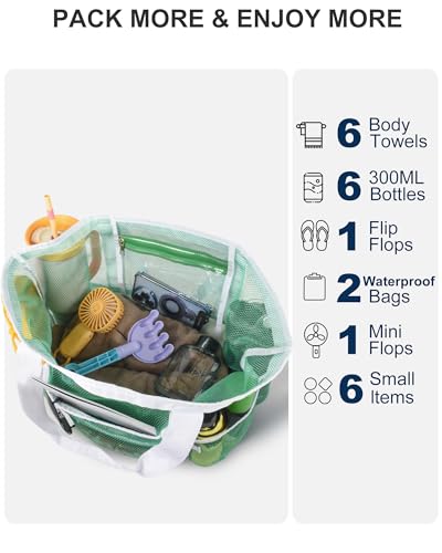 Genteen Mesh Beach Bag,Large Beach Totes for women Large Foldable Mesh Swimming Pool & Vacation Essentials Bag
