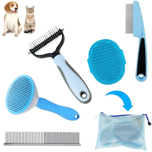 MASTER QUEEN Dog Brush Grooming Kit 5PCS - Dog Brush for Shedding,Puppy Brush and Flea Comb for Dogs, Slicker Brush Comb a...
