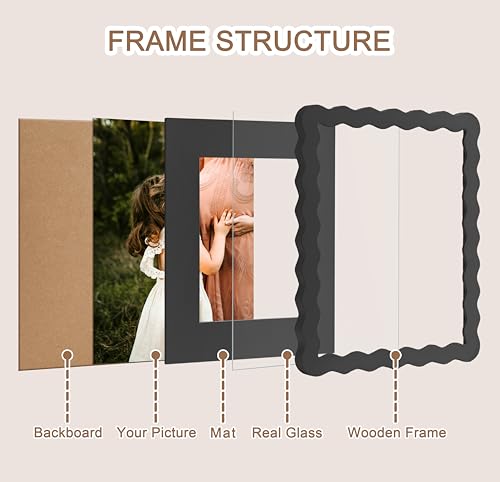 ScandiNest Scalloped 11x14 Picture Frame, Real Glass Wood Frame with Reversible Mat for 5x7/8x10 Prints, Wavy Edge for Wal...
