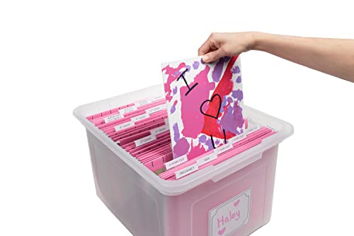 Kid's Craft Memory Keepsake Organizer Box - Clear Storage Latching Bin with Hanging File Folders and Custom Tab Inserts (P...