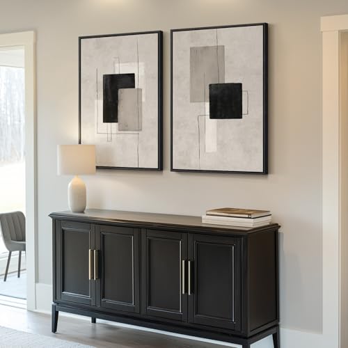 Large Framed Neutral Abstract Wall Art for Living Room, Set of 2 Black and Beige Modern Canvas Prints Paintings Artwork fo...