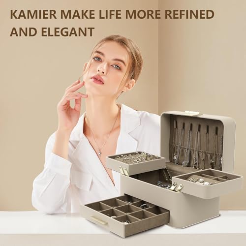 KAMIER Jewelry Box, 3 Layers Jewelry Organizer with Drawers, PU Leather Jewelry Storage Organizer for Earring, Ring, Neckl...