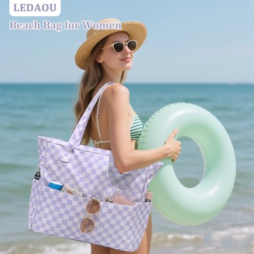 LEDAOU Large Beach Bag Women Waterproof Sandproof Zipper Beach Tote Pool Bag for Swim Gym Grocery Travel with Wet Pocket |...