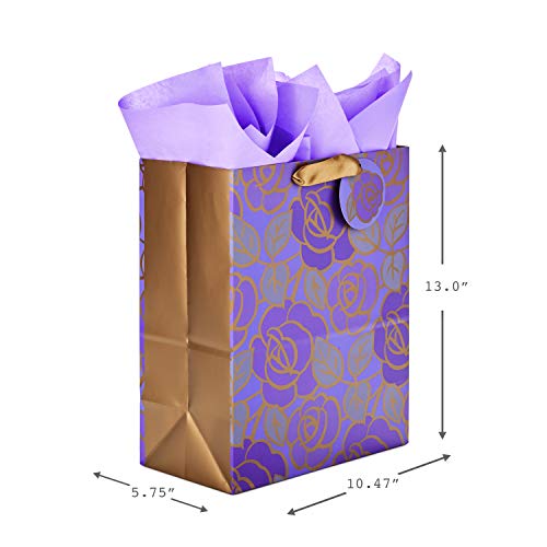 Hallmark 13" Large Gift Bag with Tissue Paper (Purple Flowers, Gold Accents) for Birthdays, Mother's Day, Bridal Showers, ...