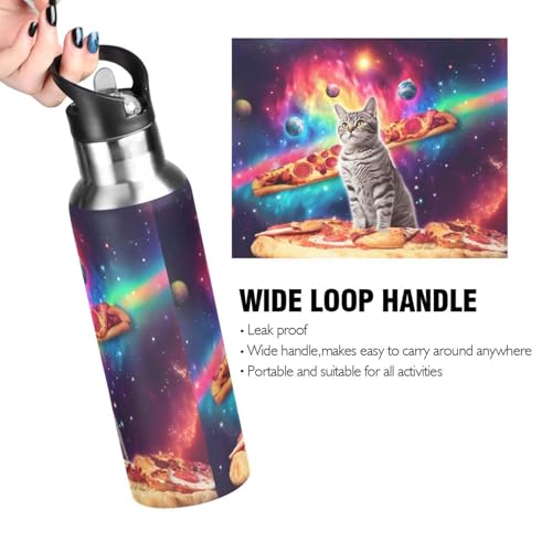 Cat Pizza Planets Space Water Bottle with Straw Lid Kids Insulated Stainless Steel Water Flask Sports, 20 Oz Hot Cold