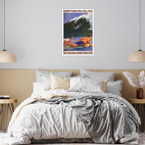 Enveable Retro Hawaii Surfing Fun Poster Summer Tropical Beach Hawaiian Island Beach Art Blue Ocean Wave Surfer Water Spor...