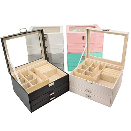 BOOVO Clear Lid Jewelry Box,3 Layers Jewelry Organizer Large Multi-Functional Jewelry Storage Box with 2 Drawers,Jewelry D...