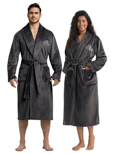 AW BRIDAL 2Pcs Mr and Mrs Robes for Couples Fleece, Matching Long Hooded Robes for Men Women, His and Hers Wedding Gifts