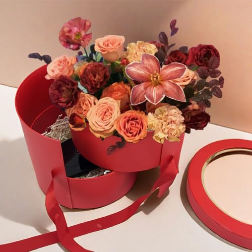 BBJ WRAPS Pink Flower Round Box with Lid for Floral Arrangements, Double Layers Rotating Drawer Flower Bouquet Paper Gift ...