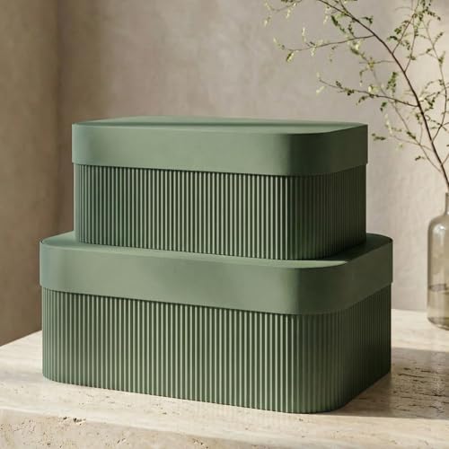 Decorative Storage Boxes with Lids – Set of 2 Beautiful Fluted Cardboard Organizer Bins for Your Home Bookshelf Decor to S...