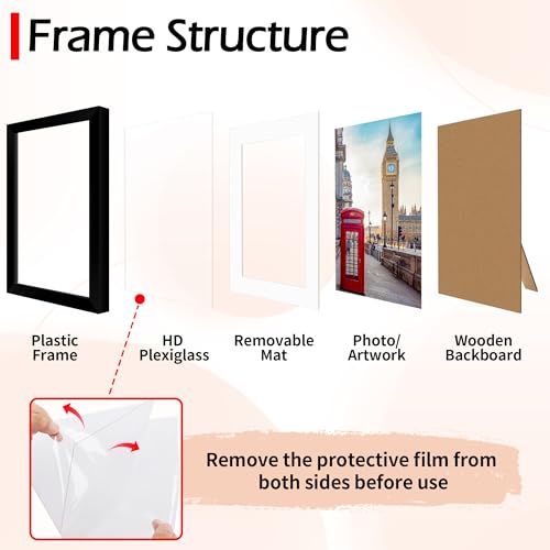 HOMERHYME 8x10 Picture Frame Set of 2, Black Photo Frame for Tabletop or Wall Display, Display Pictures 5x7 with Mat or 8x...