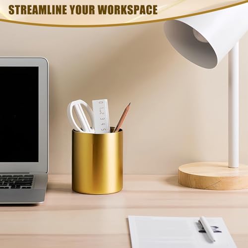 OPSJRNDUSK Gold Pen Holder for Desk, 3.9 Inch Stainless Steel Pencil Cup & Makeup Brush Organizer, Multi-Purpose Office an...