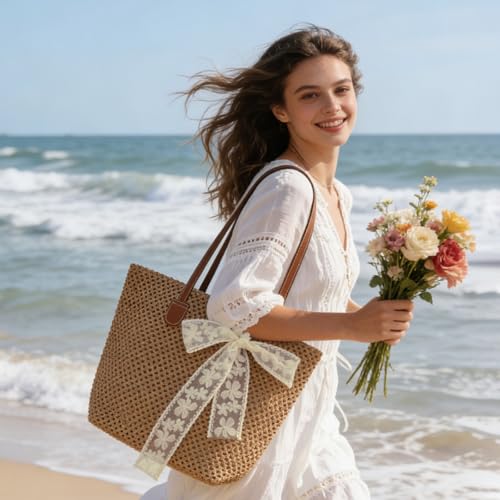 iSamzan Straw Beach Tote Bag for Women: 2026 Large Woven Handbag with Zipper, Perfect for Vacation, Travel and Summer Pool...