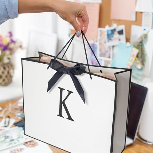 QLSKO Monogrammed Gift Wrap Bag Personalized Initial Paper Bag with Card Matching Envelope Sticker,Bow Ribbon and Wrapping...