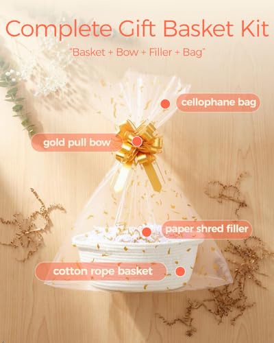 SUNCOLOR Small Woven Gift Basket Set with Cut Paper Shred Filler, Pull Bow & Cellophane Bag, 12x8x5 Inch Durable Cotton Ro...
