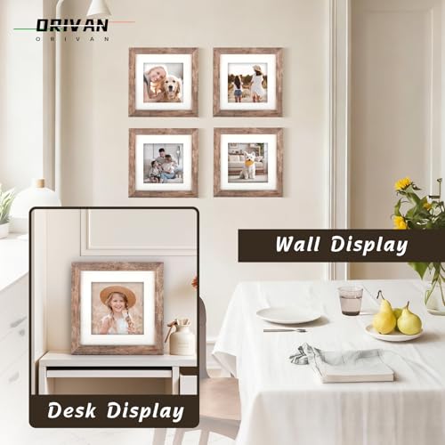 ORIVAN 6x6 Square Picture Frame Display Picture 4x4 with Mat or 6x6 without Mat Distressed Brown Wood Grain Photo Frame fo...