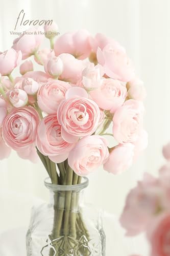 Floroom Ranunculus Artificial Flowers 18 Pcs Blush Faux Silk Mini Ranunculus Bulk Fake Wedding Filler Flowers for DIY Pink...
