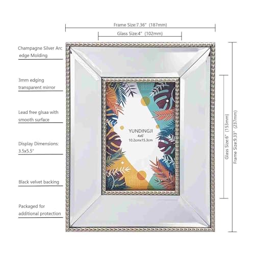 YUNDINGJI 4x6 Beveled Clear Mirror Champagne Silver Pearl Dot Photo Frame-Organic Glass Black Velvet Back Panel for Famil...
