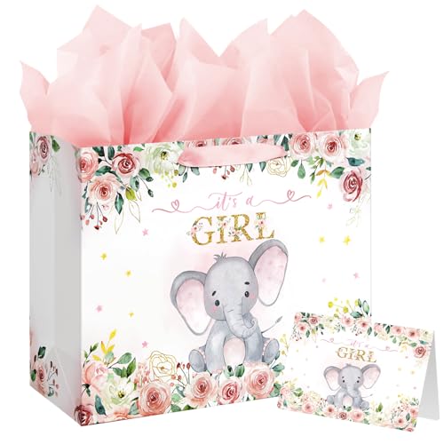 Laidans 13" Large Baby Shower Birthday Gift Bag for Girl with Tissue Papers and Card Pink Floral Elephant Design with Hand...