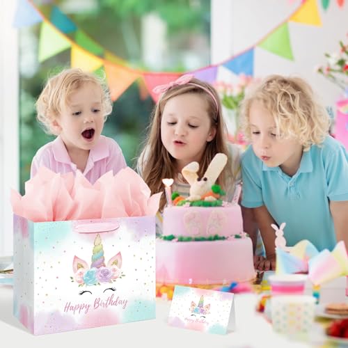 13" Large Unicorn Birthday Gift Bag with Card and Tissue Paper for Baby Girls and Kids Birthday (13in Pink)